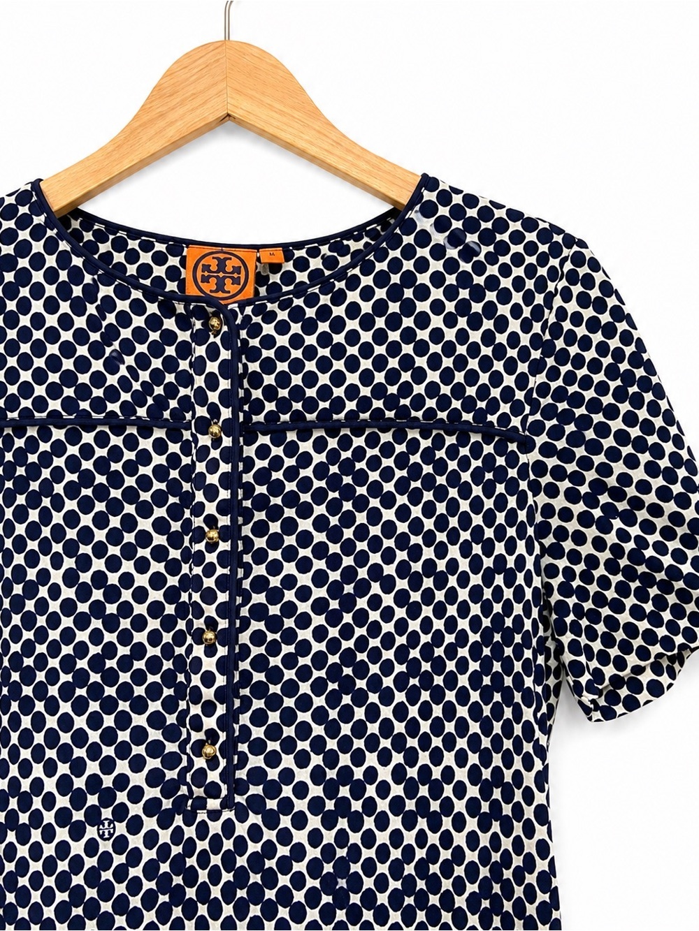 Tory Burch Silk Short. Sleeve Navy- White Polka Dots Shirt Dress Size M -  EUC - Picture 6 of 11